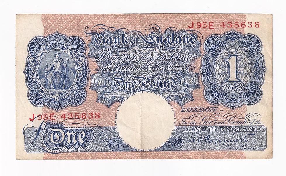 Англия Банкнота 1 фунт 1948 - 1949 год J95E 435638 VF (40579)
