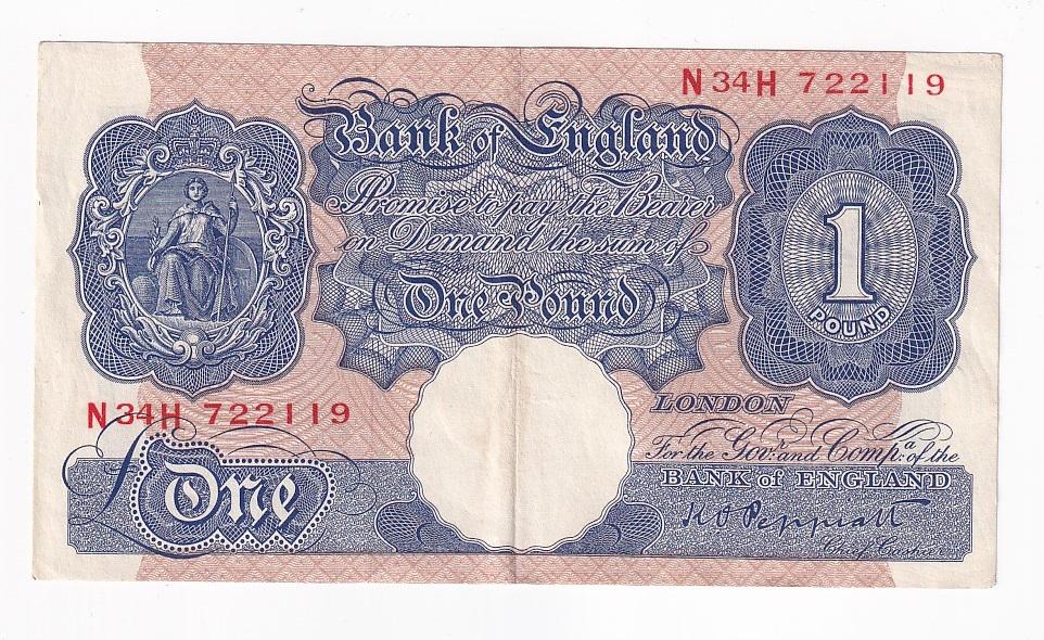 Англия Банкнота 1 фунт 1948 - 1949 год N34H 722119 VF (40580)