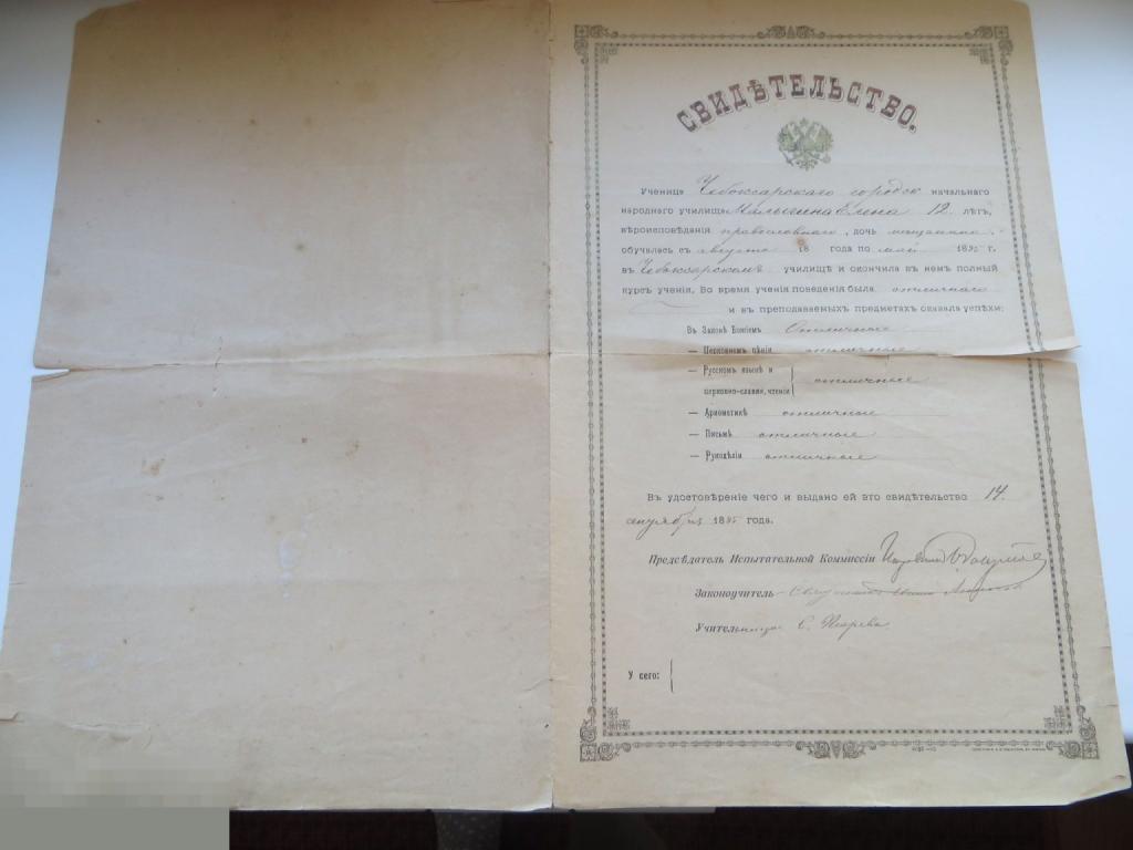 Старинный документ, свидетельство. Чебоксары, 1895 год.
