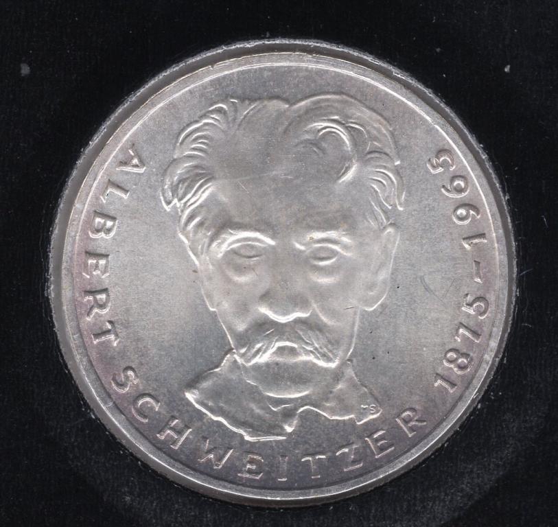 5 марок - Герания (ФРГ) - 1975 G - Альберт Швейцер - серебро 625 - KM#143