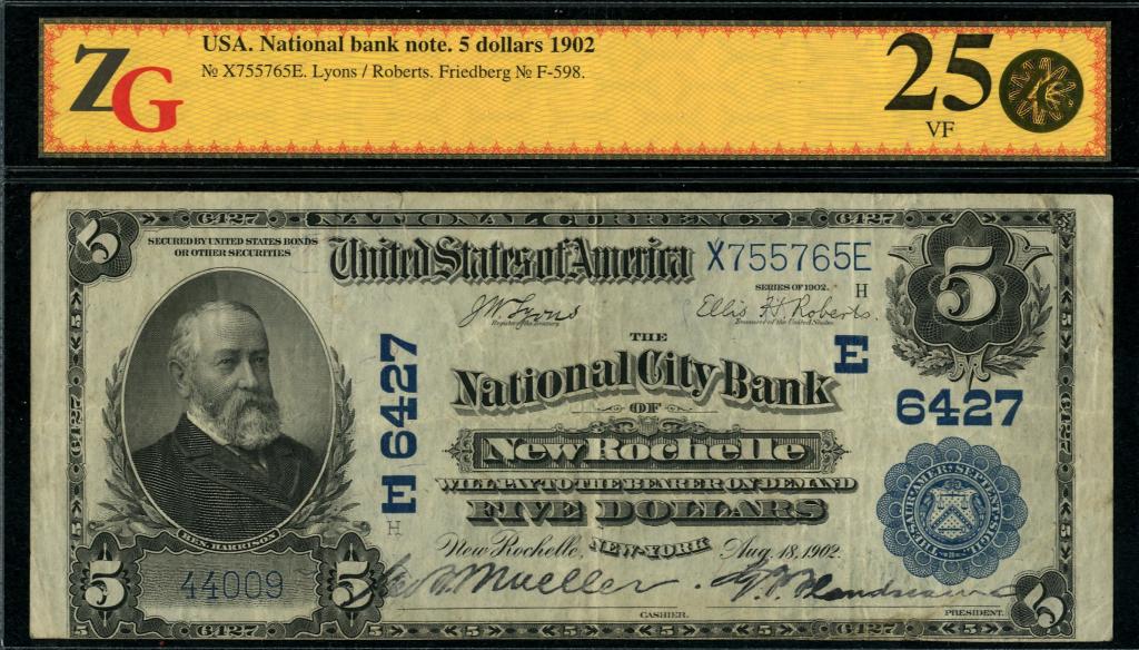 США. Национальный городской банк Нью-Рошелла. 5 долларов 1902 г.