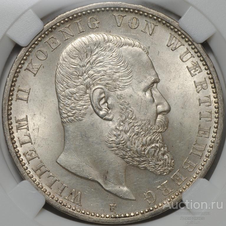 Монета 5 марок 1908 F Вюртемберг Германия слаб ННР MS 63