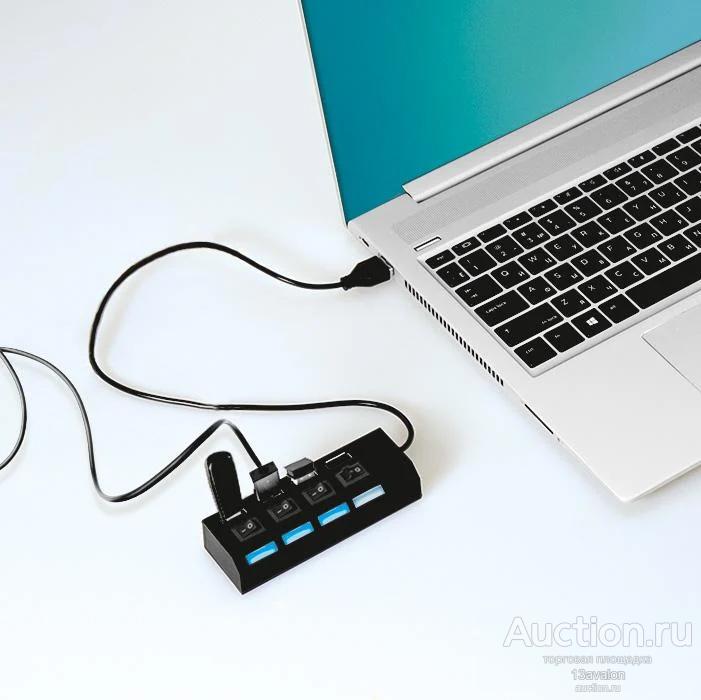 Разветвитель USB, Хаб концентратор на 4 разъёма, с переключателями и цветовой идентификацией