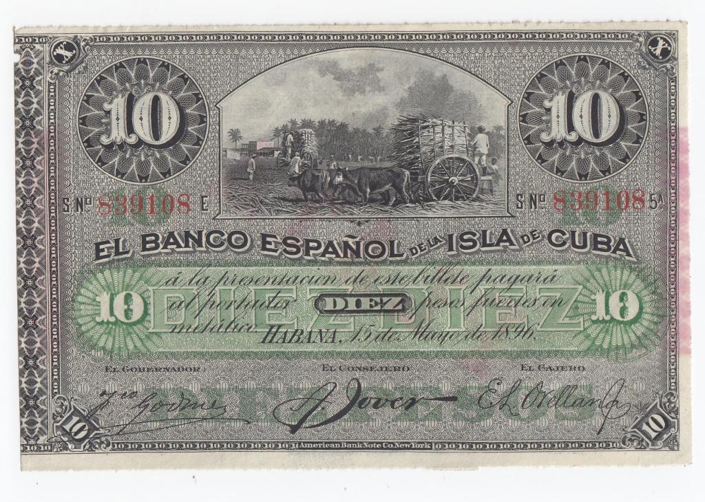 Куба Банкнота 10 песо 1896 год (PLATA - Серебро) 839108 VF (40715)