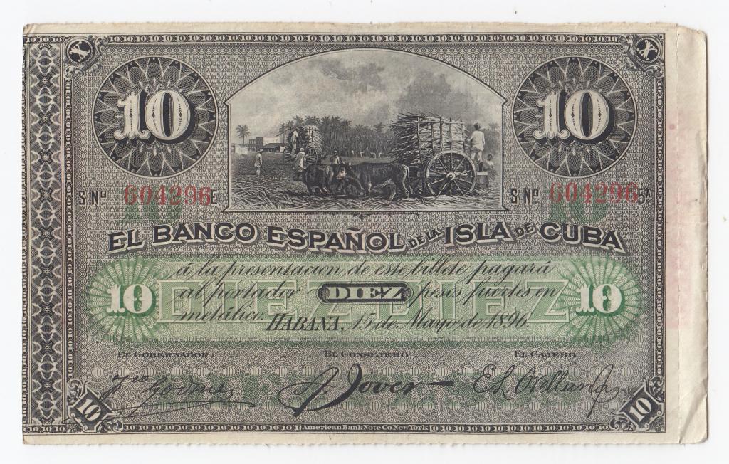 Куба Банкнота 10 песо 1896 год (PLATA - Серебро) 604296 VF (40714)