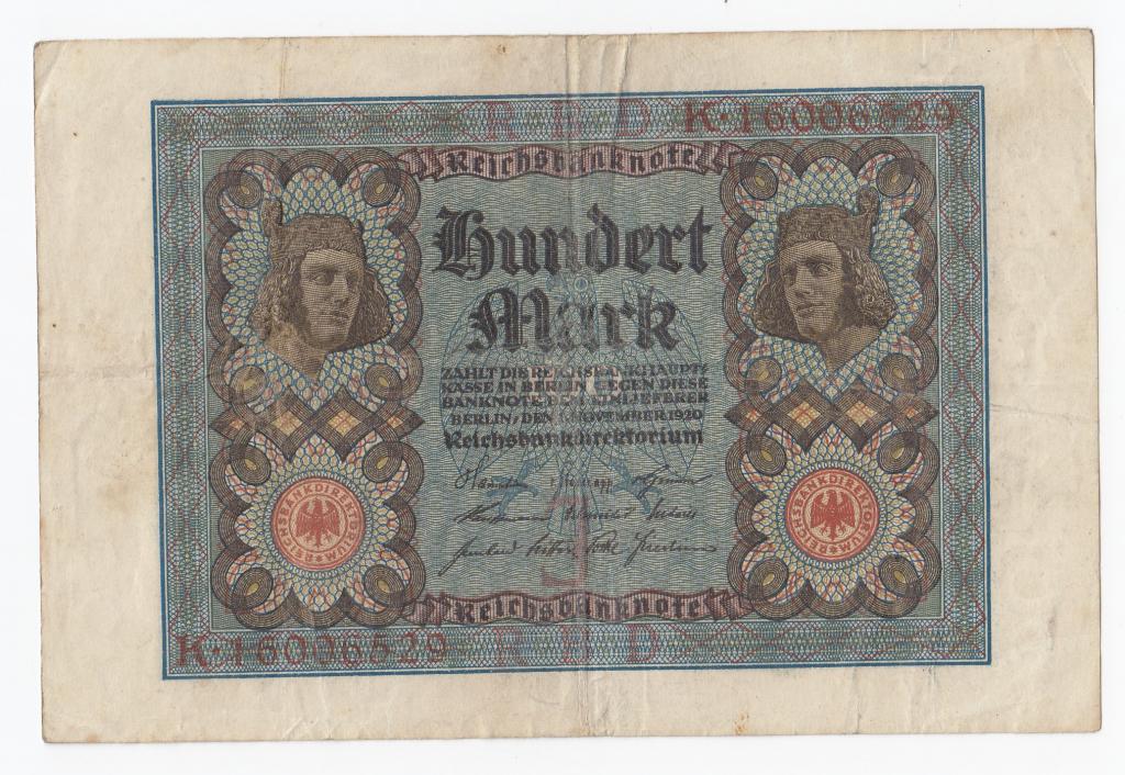 Германия Банкнота 100 марок 1920 год K.16006529 VF (40788)