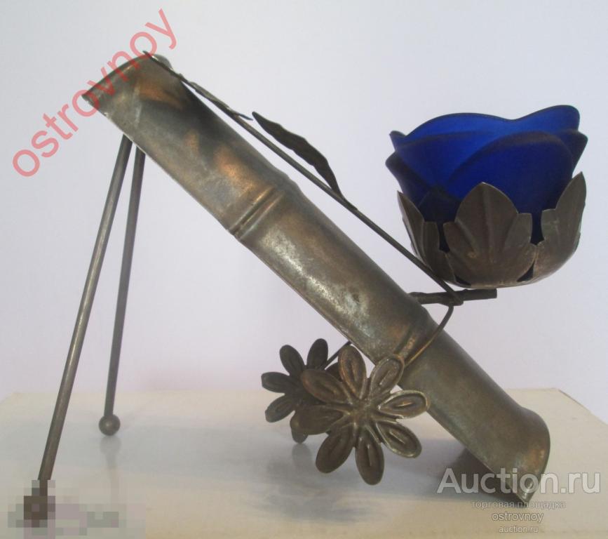 Подсвечник, латунь, стекло. "Цветок на бамбуке, бабочка". Hand made.