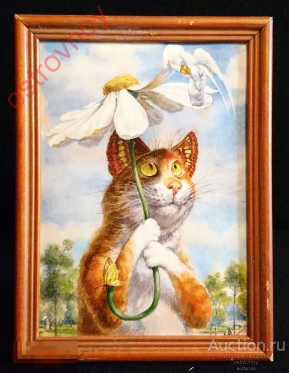 Картинка в рамке, фотопечать, 15х20см. "Любит",  художник В. Румянцев. Кот, кошка, ромашка.