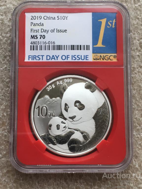 Китай КНР 10 юаней 2019 Панда СЛАБ NGC MS70 СЕРЕБРО