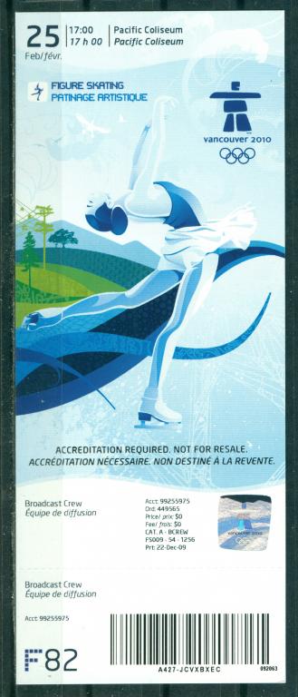 2010. Билет. Спорт. Зимние Олимпийские Игры. Ванкувер. Фигурное катание. Женщины. Произв. программа.