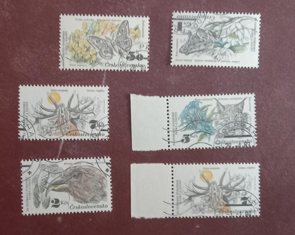Чехословакия 1983 год Защита природы Фауна Бабочка Лягушка Рысь Клест Цапля Олень Гаш