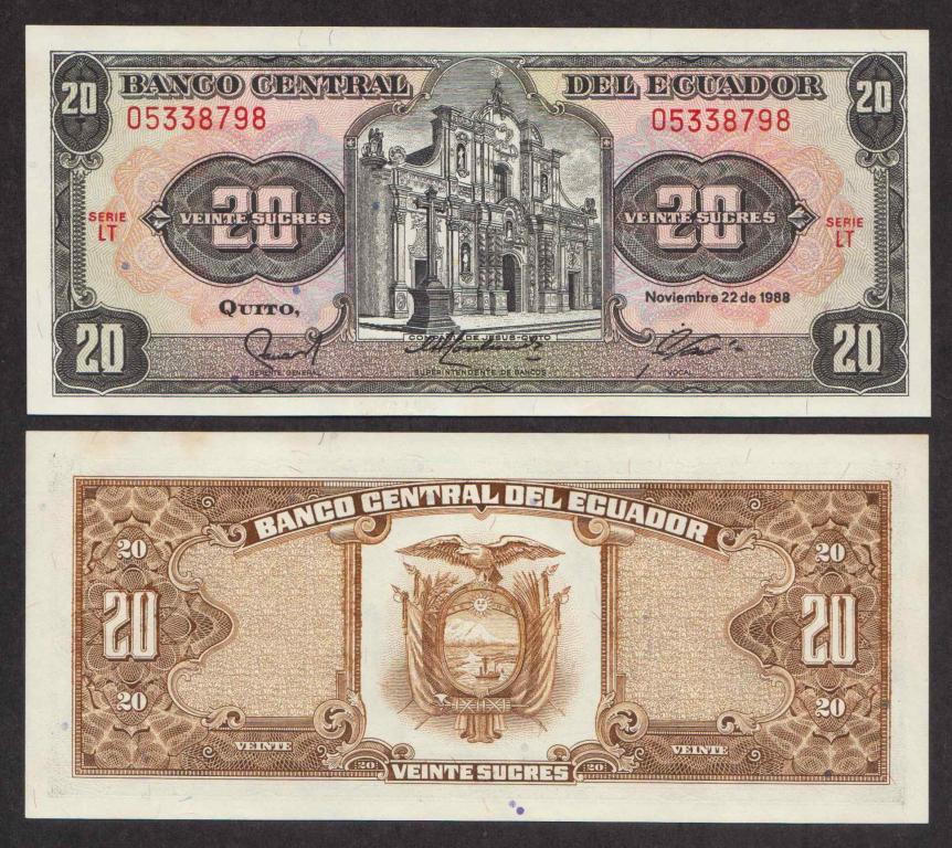 Эквадор 20 Сукре 1988 P121 UNC (ПРЕСС)