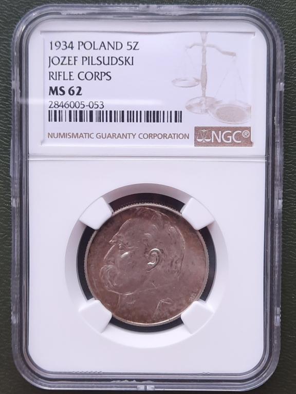 5 злотых 1934, Польша, Пилсудский, легионер, NGC MS62