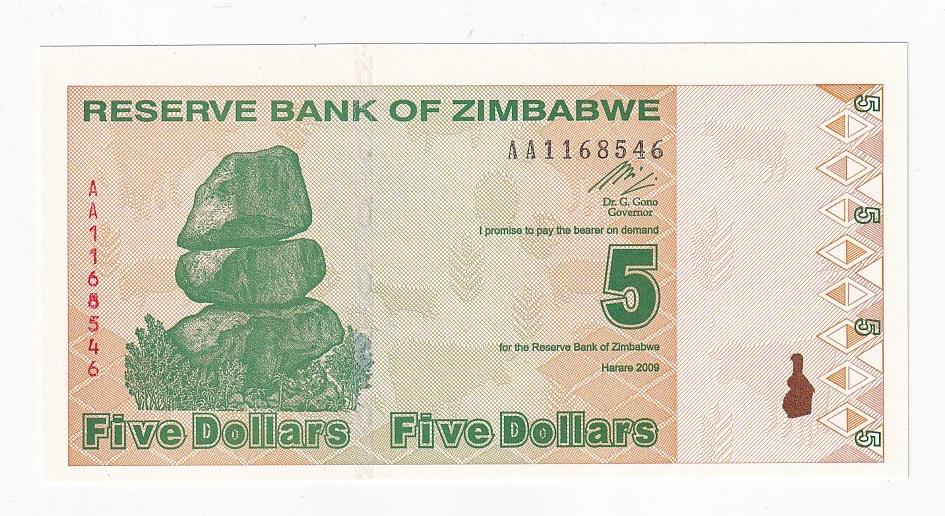 Зимбабве Банкнота 5 долларов 2009 год UNC (40923)