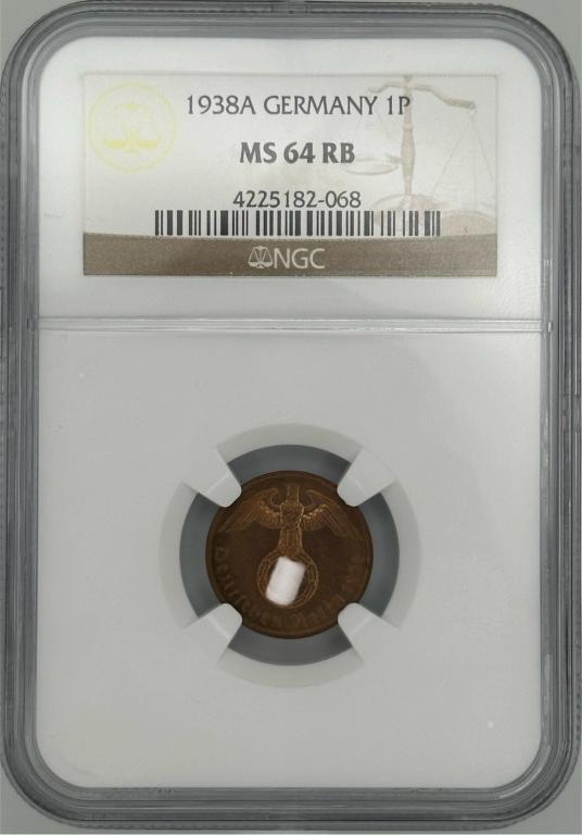 Германия 1 пфенниг, 1938 A, Третий Рейх. Слаб NGC MS 64 J#361