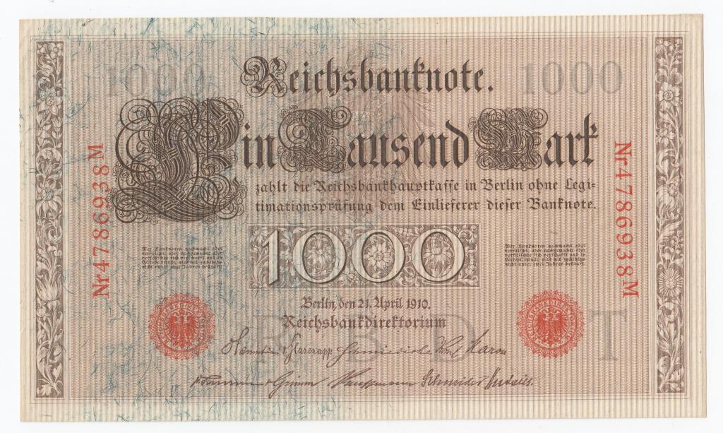 Германия Банкнота 1000 марок 1910 год Буква Т Nr4786938M AUNC (40955)