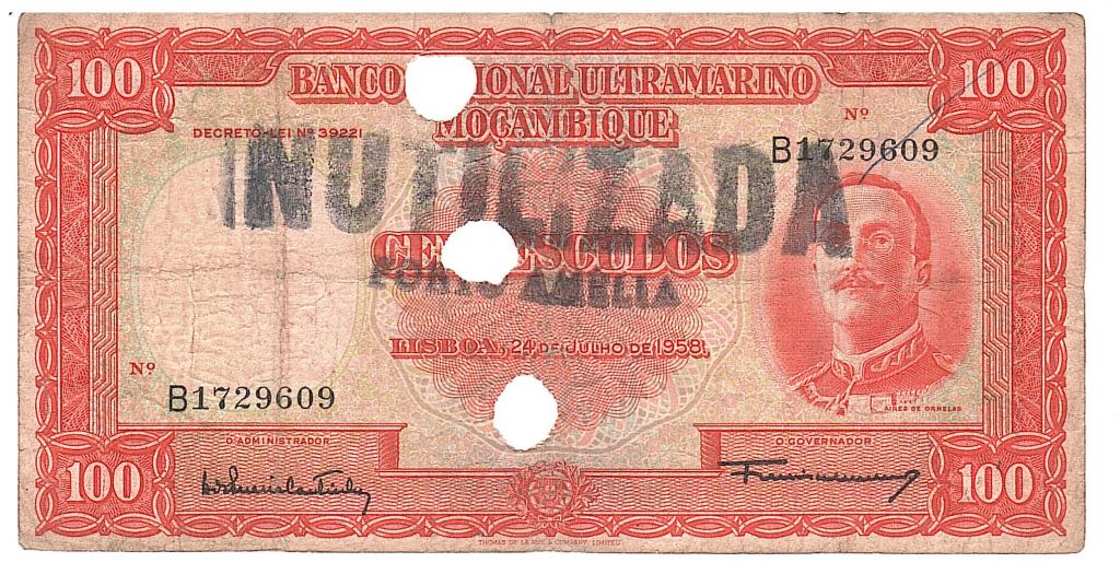 Мозамбик 100 эскудо 1958 гашение 3 отверстия кривые штамп разновидность