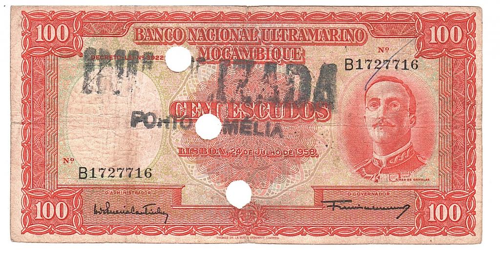 Мозамбик 100 эскудо 1958 гашение 3 отверстия ровные штамп разновидность