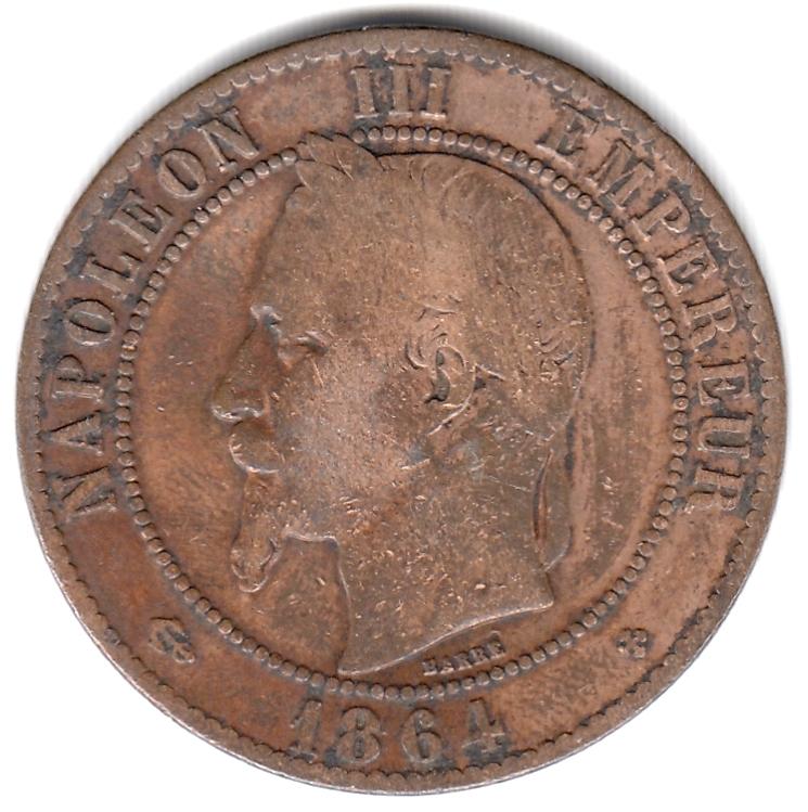 Франция - 10 сантимов 1864 ВВ - Нечастая, Неплохой сохран VF