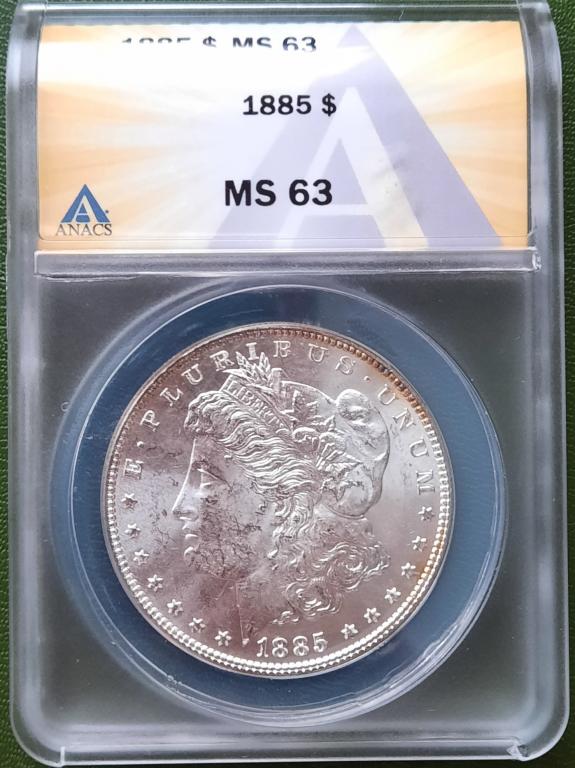 1 доллар 1885, слаб ANACS MS63, золотистая патина!