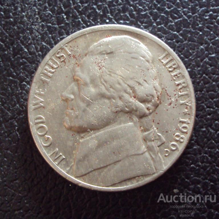 США 5 центов 1986 D год.