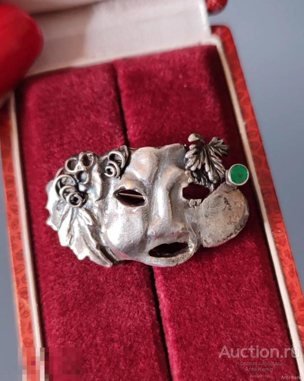 Антикварная Брошь Маска Серебро 925 проба