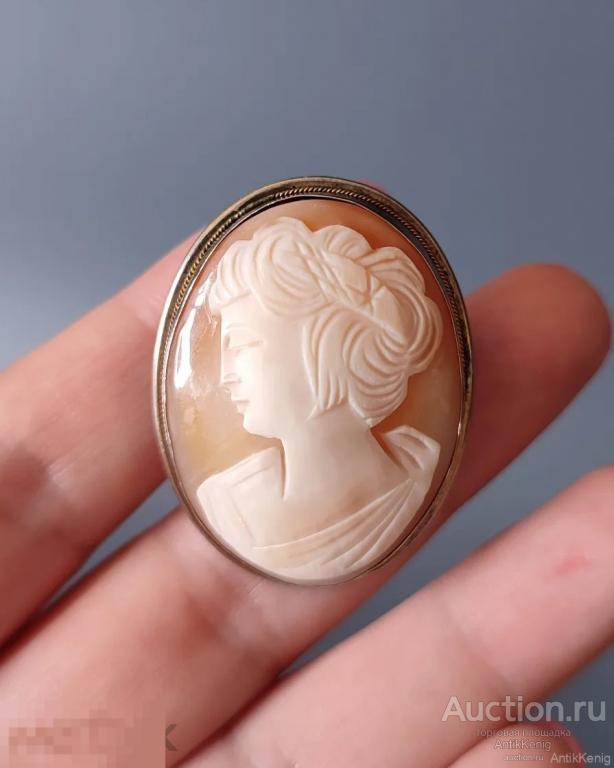 Антикварная Брошь подвеска кулон Камея Серебро 800 проба Раковина