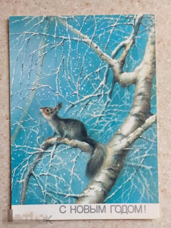 А199  Исаков С Новым годом! 1988 г. лес белка зима чистая животные