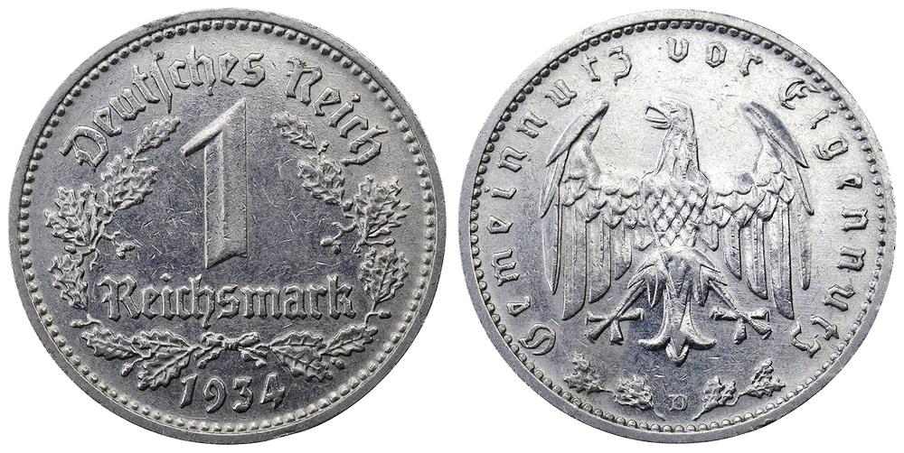 ГЕРМАНИЯ 1 марка 1934D ННР AU58 (4UF641-0136)