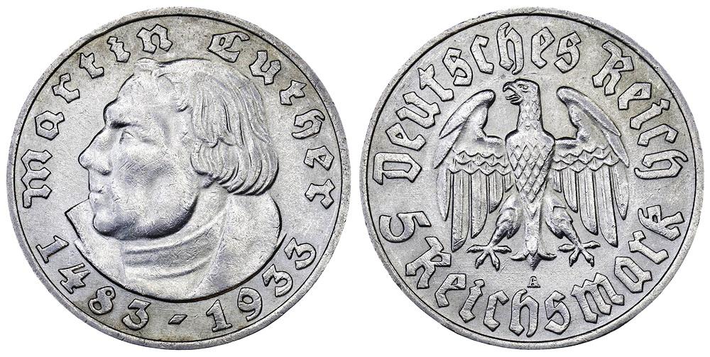 ГЕРМАНИЯ 5 марок 1933A Мартин Лютер. ННР UNC Det. (4UF646-0142)