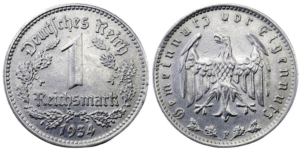 ГЕРМАНИЯ 1 марка 1934F ННР MS61 (4UF642-0137)
