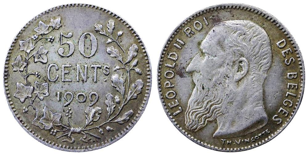БЕЛЬГИЯ 50 сантимов 1909 Леопольд II ННР AU58