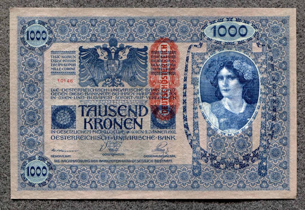 Австро-Венгрия 1000 крон 1902 (1919) года. Надпечатка вертикально, состояние (1) (a-568)