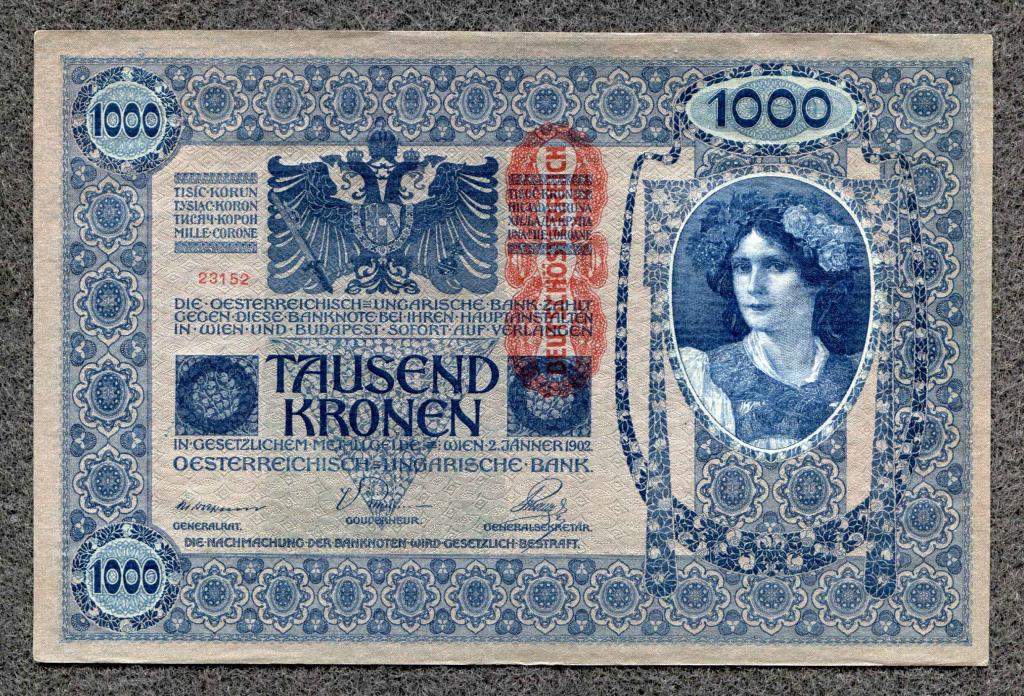 Австро-Венгрия 1000 крон 1902 (1919) года. Надпечатка вертикально, состояние (4) (a-568)