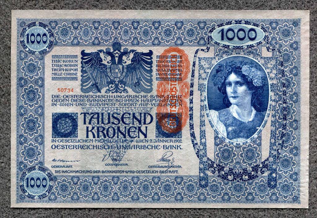 Австро-Венгрия 1000 крон 1902 (1919) года. Надпечатка вертикально, состояние (2) (a-568)