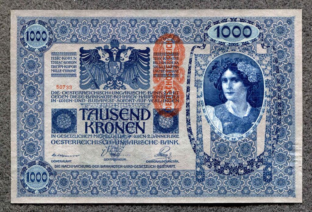 Австро-Венгрия 1000 крон 1902 (1919) года. Надпечатка вертикально, состояние (3) (a-568)