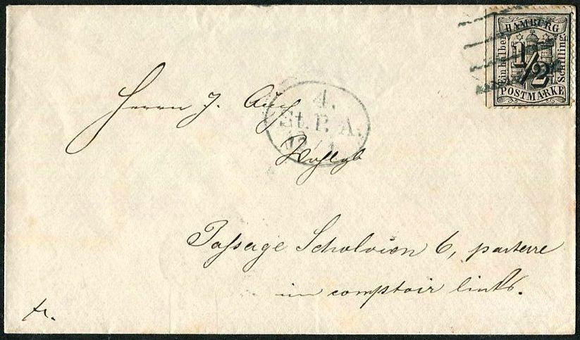 Германия ~1865 Вольный ганзейский город Гамбург Stadt-Postamt Mi.10 на конверте