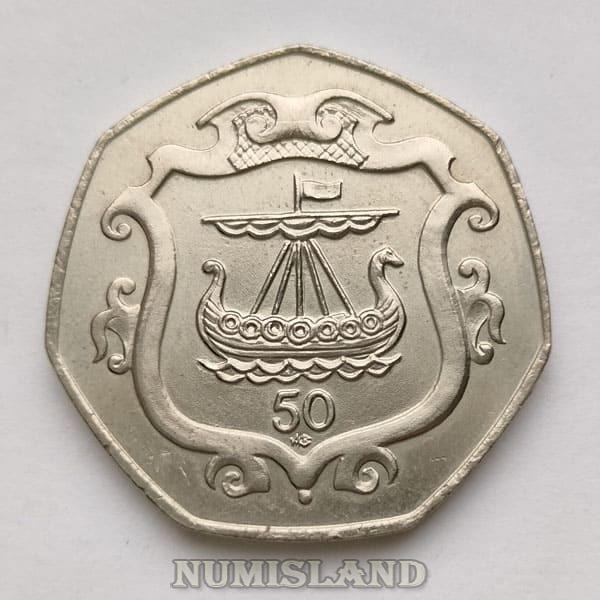 Остров Мэн 50 пенсов 1984 UNC Парусник корабль викингов