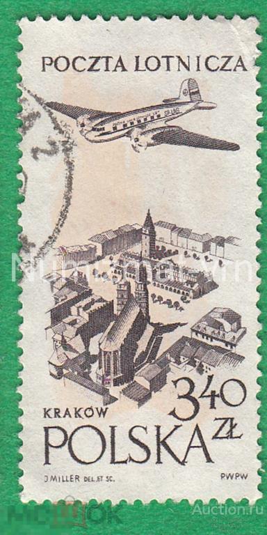 Марка Польша 1970 г. Самолет над городом. Авиапочта. Гражданская авиация  Авиация. Редкость