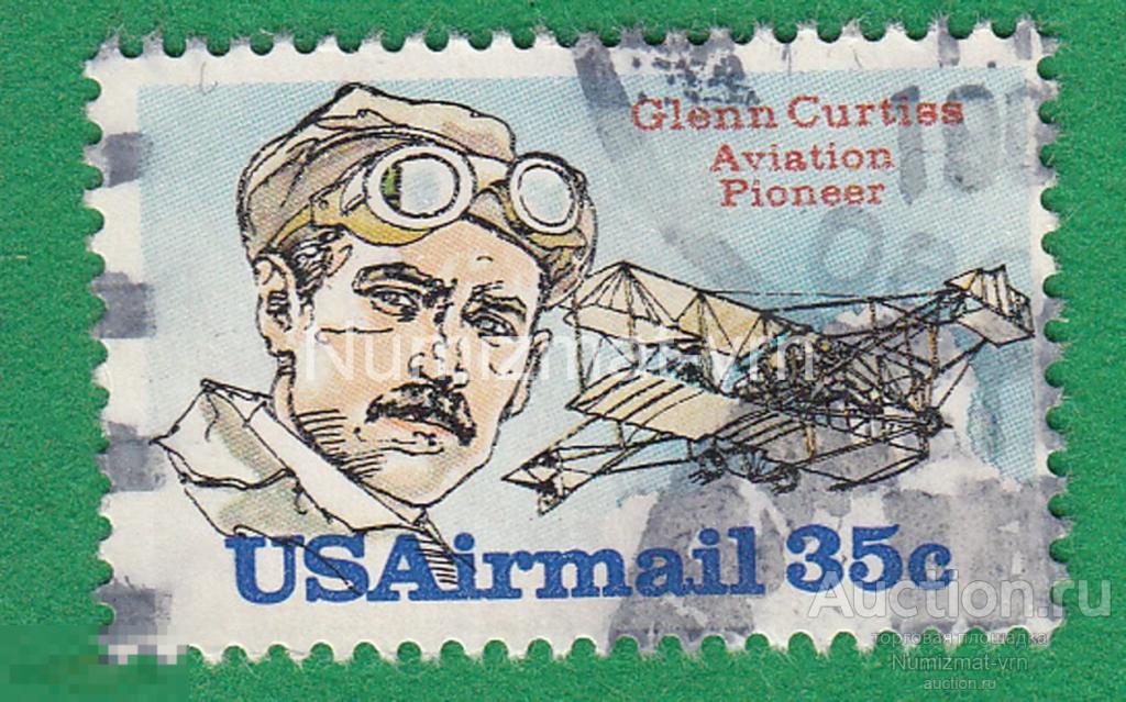 Марка США 1990 г. Гленн Куртис. Пионеры авиации.  Авиация. Редкость!.