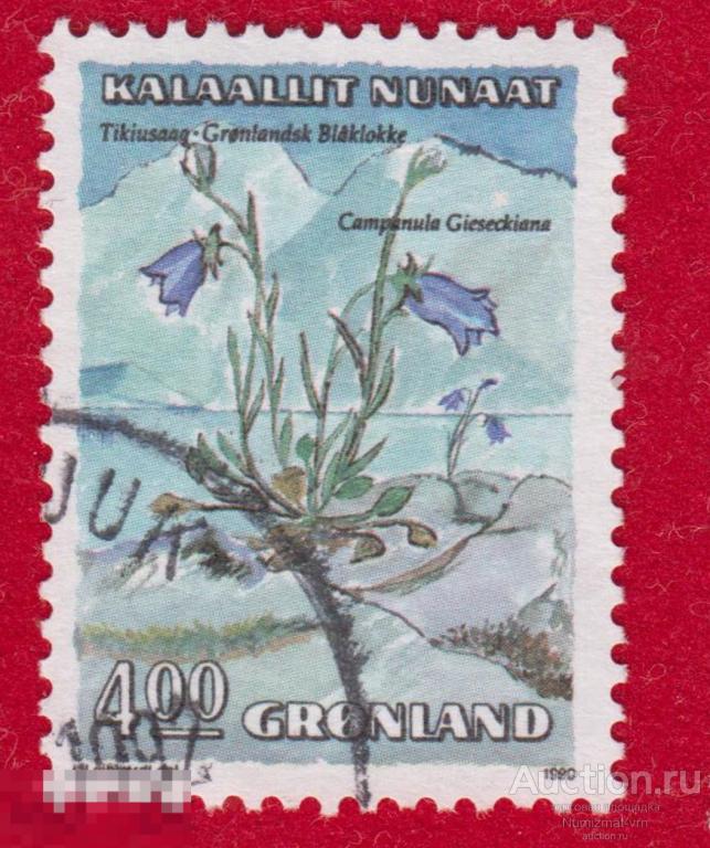 Марка Гренландия 1990 год. Колокольчик альпийский рода Колокольчик, семейства Колокольчиковые Цветы