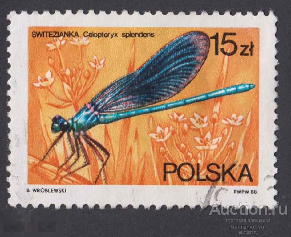 Марка Польша 1988 год.Красотка блестящая Стрекоза рода Calopteryx, принадлежащая к семейству стрек