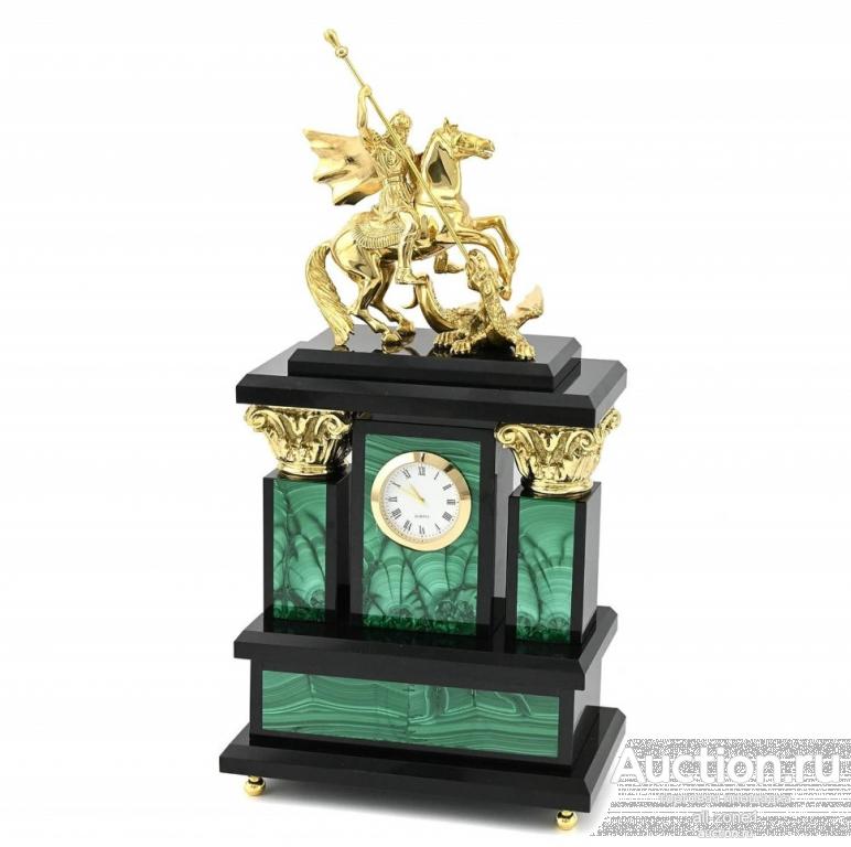 Часы каминные из малахита ГЕОРГИЙ ПОБЕДОНОСЕЦ AZRK-3200-528ct