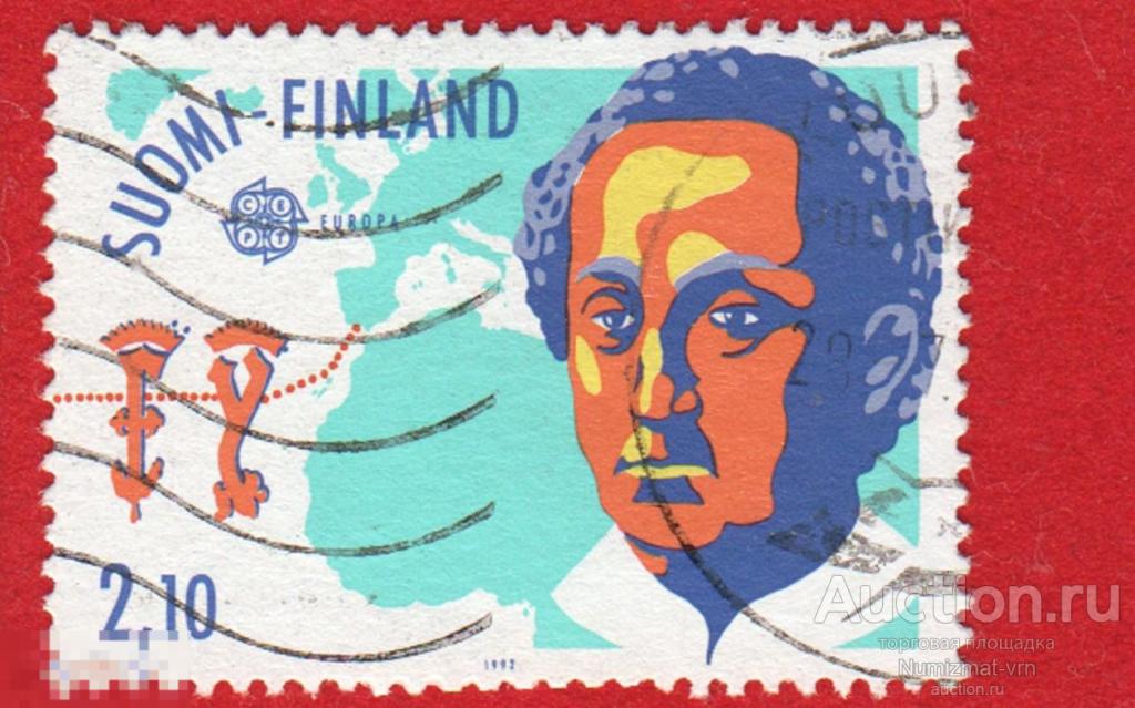 Марка Финляндия 1992 год. Лицо человека. 500 Колумба Маршруты плаваний.