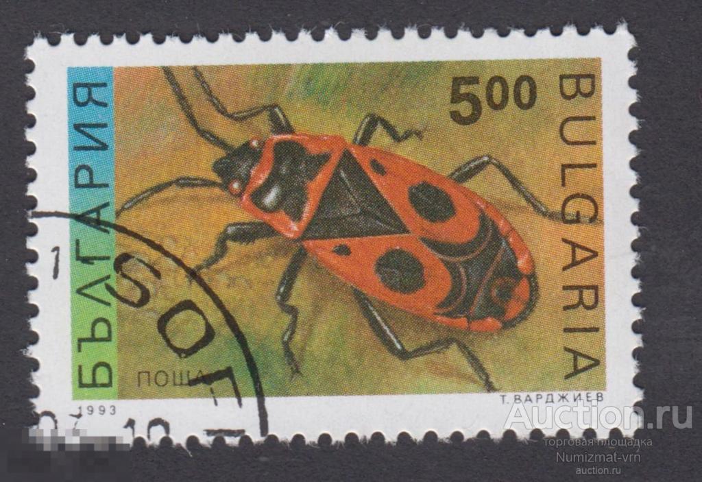 Марка Болгария 1993 год. Клоп-солдатик Вид наземных клопов семейства красноклопов. Жуки