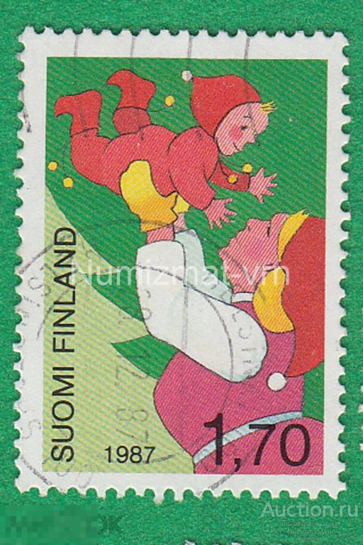 Марка Финляндия. 1987 г. Мама с ребенком. Рождество. Рисунки детей. Сказки. Герои мультфильмов.