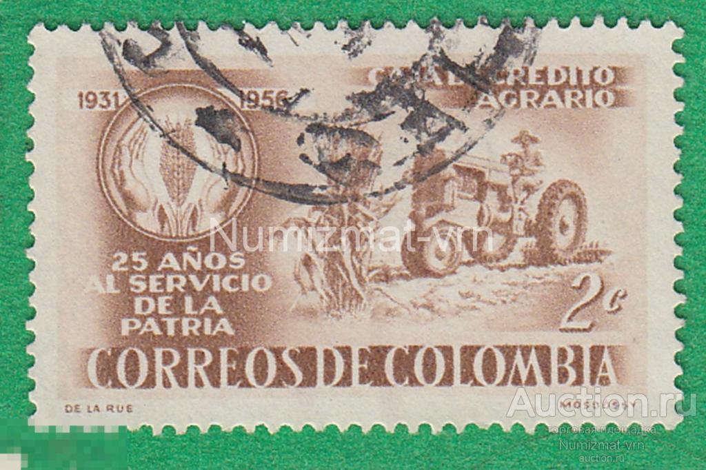 Марка Колумбия 1956 г. Сельское хозяйство. Трактор. Уборка урожая.