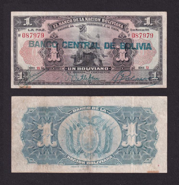 Боливия 1911 (1928)г 1 боливиано Синий штамп (Pick 112) 979