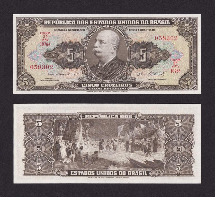 Бразилия 1953-1959г 5 Крузейро UNC (Pick 158b)