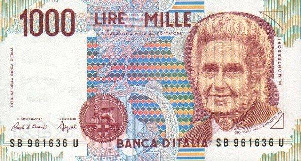 Банкнота Италия 1990 год 1 000 лир Мария Монтессори   